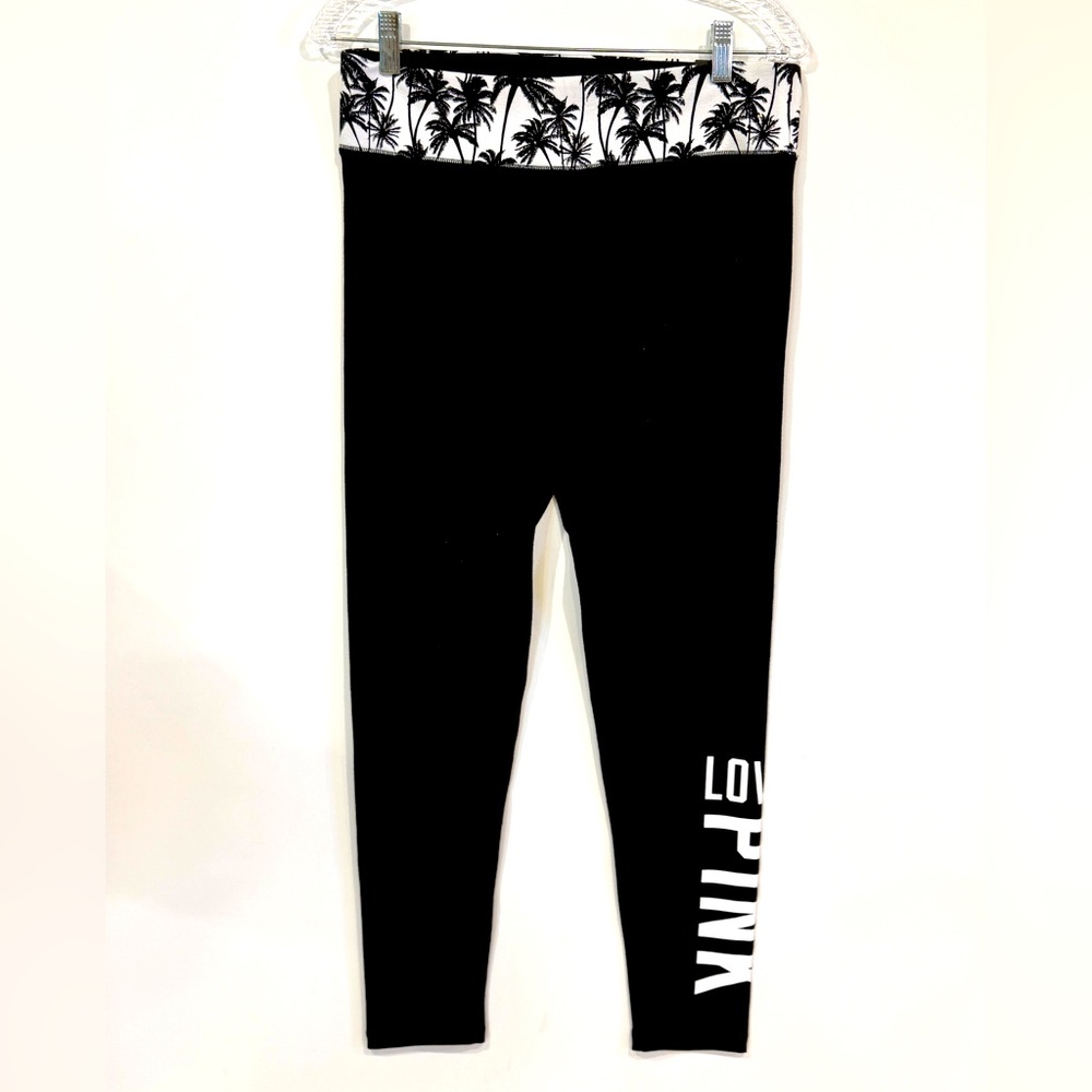 NWT Victoria’s Secret VS Yoga Leggings M Black White Palm Tropical Love Pink